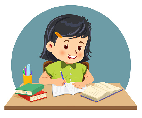 Little girl doing homework by read and writing on his desk. Vector illustration