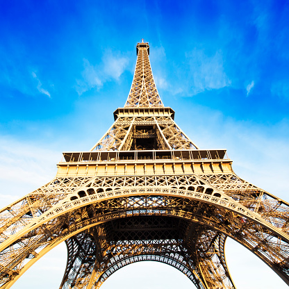 Eiffel tower over blue sky, Paris travel photo