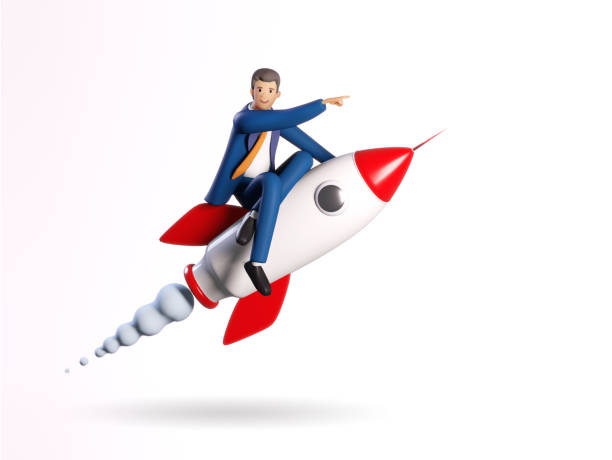 istock Successful businessman flying on a rocket, 3D rendering illustration. Start up, success, new business, winner concept 1348867444