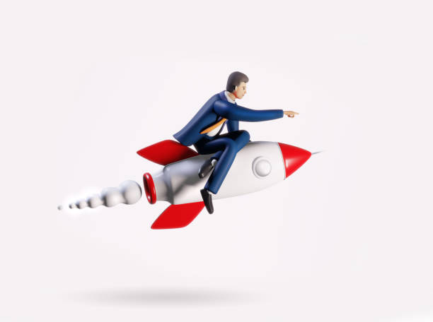 istock Successful businessman flying on a rocket, 3D rendering illustration. Start up, success, new business, winner concept 1348867448