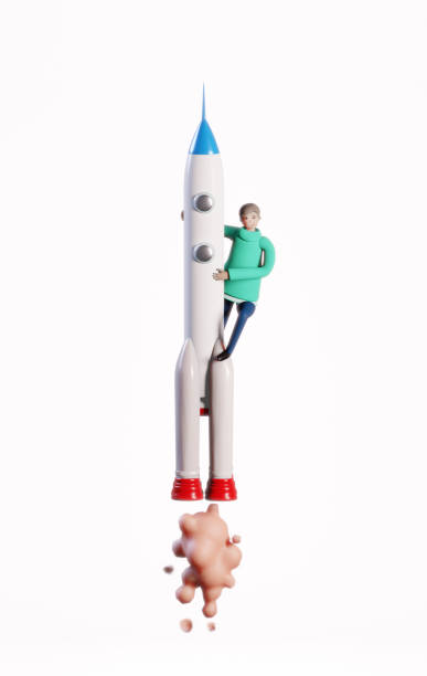 istock Successful businessman flying on a rocket, 3D rendering illustration. Start up, success, new business, winner concept 1348867453