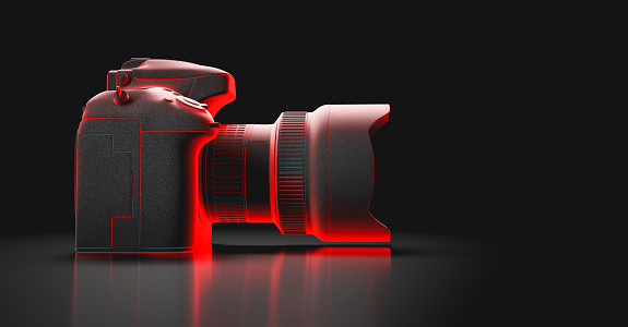 Professional digital camera neon light illuminated. 3D illustration