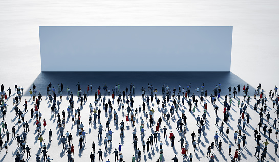Crowd of people in front of big white wall. 3D illustration