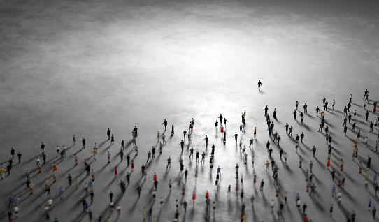 People follow a leader. Community of followers. 3D illustration