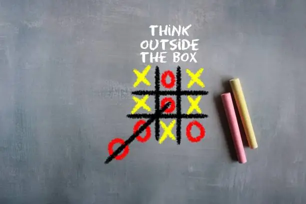 Creative thinking and new ideas concept. Hand drawn Tic-tac-toe game and text THINK OUTSIDE THE BOX.