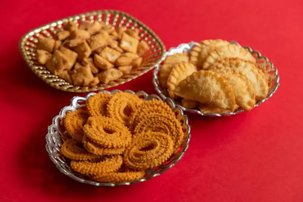 crunchy and sweet snacks prepared during Diwali festival in Maharashtra, India