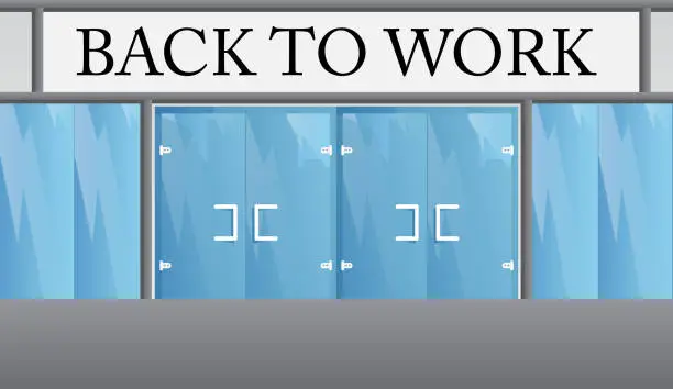 Vector illustration of Back to work text, working vacation, holiday break or unemployed business concept with front door background.