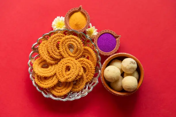 crunchy and sweet snacks prepared during Diwali festival in Maharashtra, India