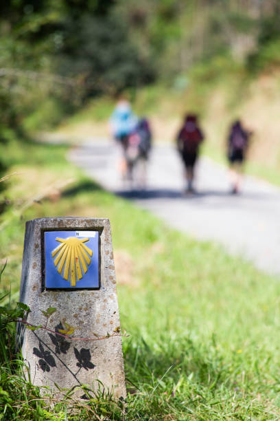 a concha amarela assinando o caminho para santiago de compostela na rota de peregrinação de st. james. foco seletivo. copiar espaço - group of people journey effort travel destinations - fotografias e filmes do acervo