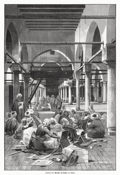 이집트 카이로의 알-아즈하르 모스크, 1897년에 출판된 나무 조각 - egypt islam cairo mosque stock illustrations