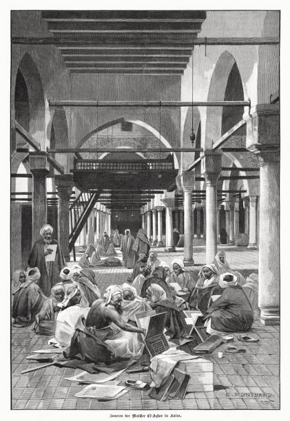 ilustrações de stock, clip art, desenhos animados e ícones de al-azhar mosque in cairo, egypt, wood engraving, published in 1897 - cairo mosque egypt inside of