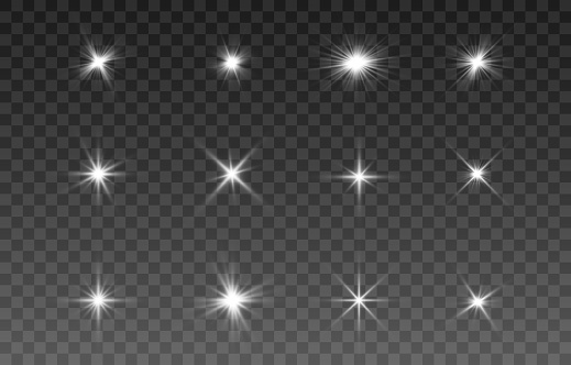 Set of the light elements. Special design of starlight or light effect. Star or spotlight beams. Glittering light flash. Decor element. Vector illustration for decorating on transparent background.