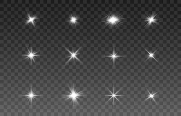 Vector illustration of Set of the light elements. Special design of starlight or light effect. Star or spotlight beams. Glittering light flash. Decor element. For decorating on transparent background.