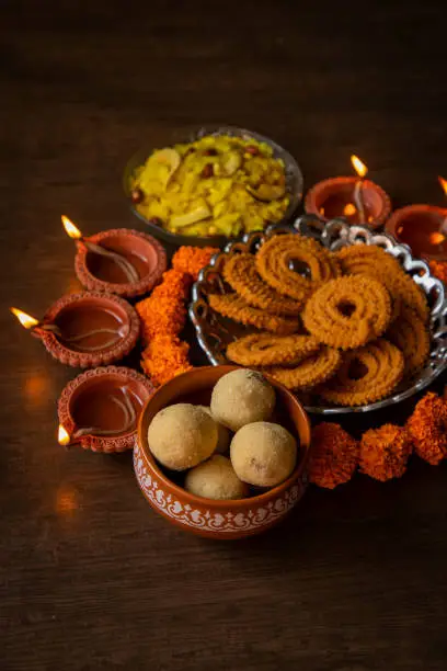 crunchy and sweet snacks prepared during Diwali festival in Maharashtra, India