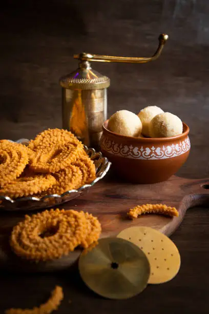 crunchy and sweet snacks prepared during Diwali festival in Maharashtra, India