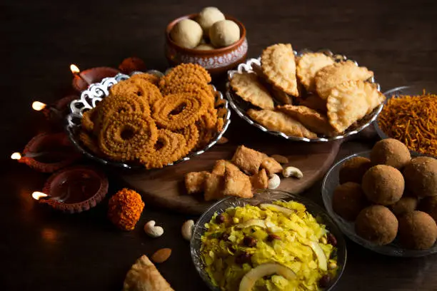 crunchy and sweet snacks prepared during Diwali festival in Maharashtra, India