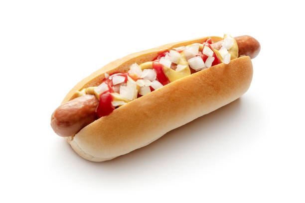 lanches: hotdog isolado no fundo branco - sausage grilled isolated single object - fotografias e filmes do acervo