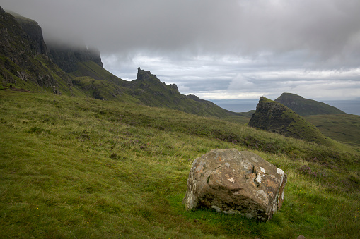 Scene of the Cuith-raing mountain range on the Isle of Skye in Scotland, often called Quiraing.