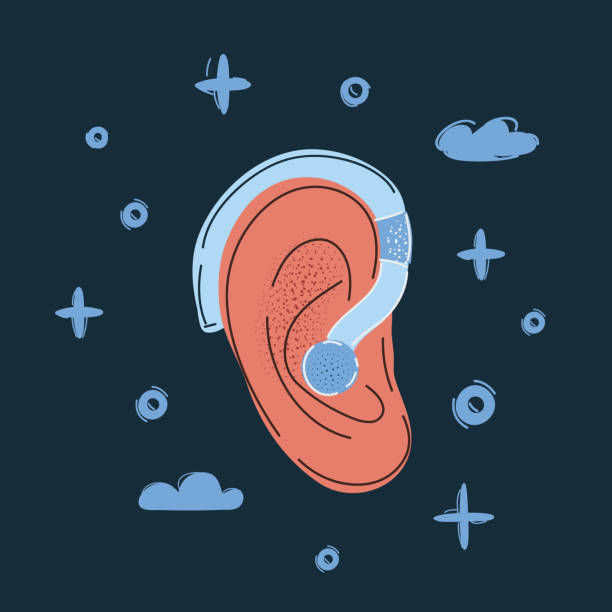 istock Vector illustration of Ear icon. Hearing aid symbol isolated on dark background 1348874648