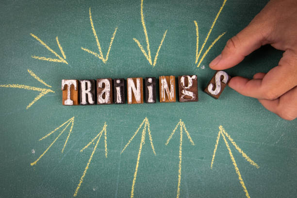 istock Trainings. Word and arrows on a green chalk board 1348876217
