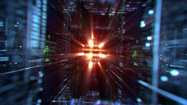 istock Flight through futuristic technology tunnel 3D rendering illustration 1348877833