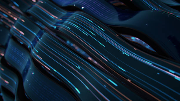istock Glowing blue and orange light trails flow 3D render illustration 1348878369
