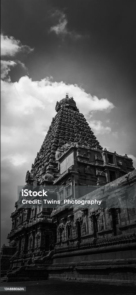 Tanjore Big Temple Brihadishvara Temple (originally known as Peruvudaiyar Kovil) locally known as Thanjai Periya Kovil, and also called as, Rajarajeswaram, is a Hindu temple dedicated to Shiva located in South bank of Cauvery river in Thanjavur, Tamil Nadu, India. It is one of the largest hindu temples and an exemplary example of a fully realized Tamil architecture. Ancient Stock Photo
