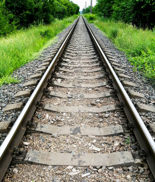 istock Long railway tracks go into the distance 1348881695
