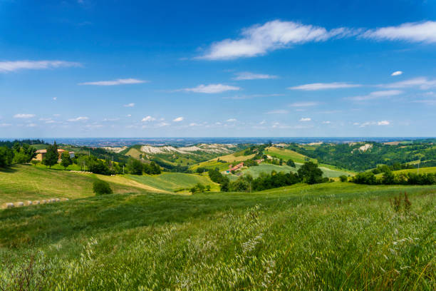 Rural landscape along the road from Sassuolo to Serramazzoni, Emilia-Romagna. stock photo