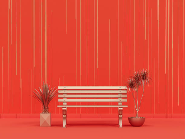 istock Park bench and plants in plain monochrome orange room with striped pattern wall. 3d rendering, empty room with copy space 1348886248
