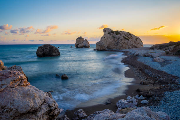 Aphrodite’s Rock (Petra Tou Romiou) – The Birthplace of Aphrodite Aphrodite"u2019s Rock (Petra Tou Romiou) "u2013 The Birthplace of Aphrodite, horizontal aphrodites rock cyprus stock pictures, royalty-free photos & images