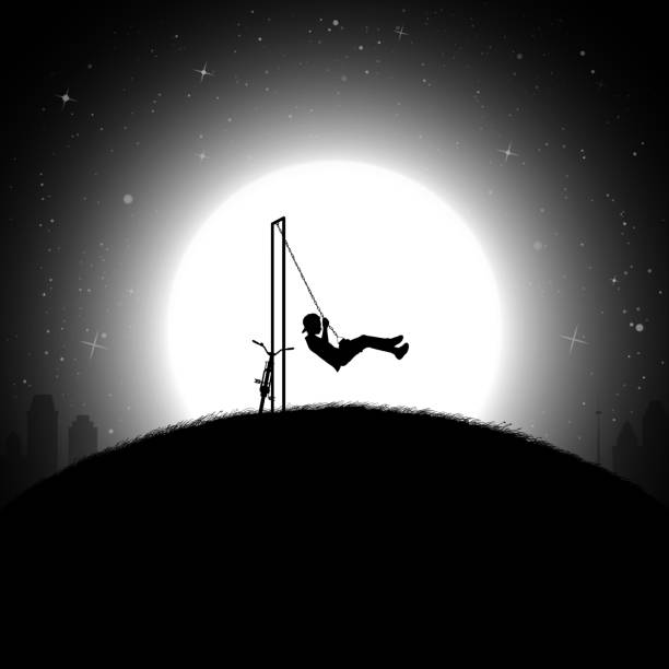 ilustraciones, imágenes clip art, dibujos animados e iconos de stock de chico en columpio - swing child silhouette swinging