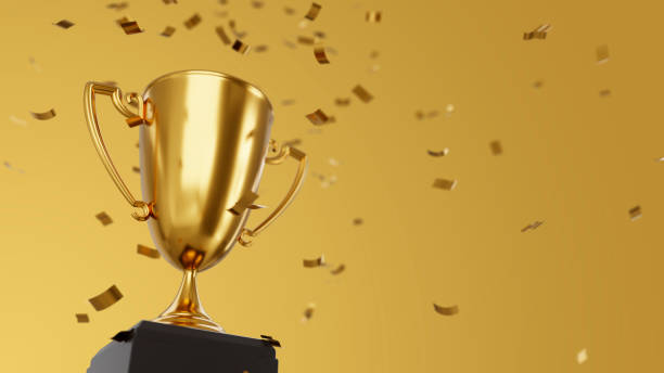 golden winner cup and confetti - award imagens e fotografias de stock