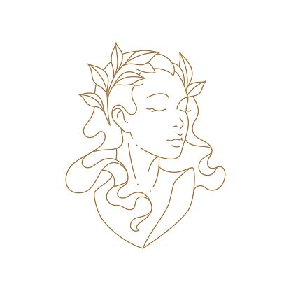 Adorable medieval lady bust monochrome line art simple icon vector illustration. Antique goddess person monument with branch leaves in hair and closed eyes isolated on white. Historical beauty statue