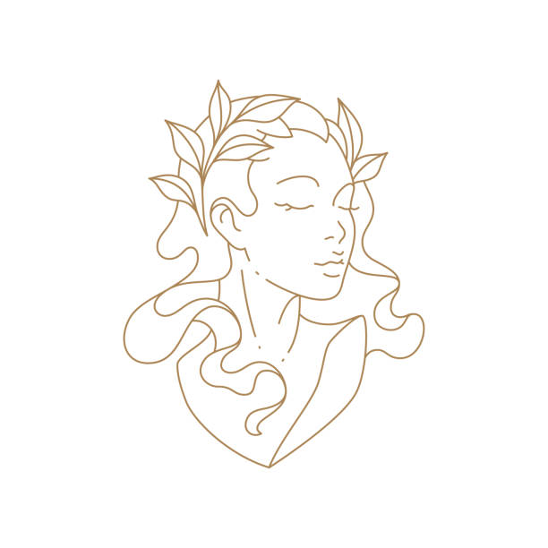 Adorable medieval lady bust monochrome line art simple icon vector illustration Adorable medieval lady bust monochrome line art simple icon vector illustration. Antique goddess person monument with branch leaves in hair and closed eyes isolated on white. Historical beauty statue goddess stock illustrations