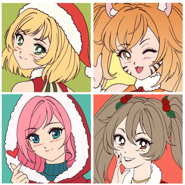 Set Of Four Anime Icons With Girls Stock Illustration - Download