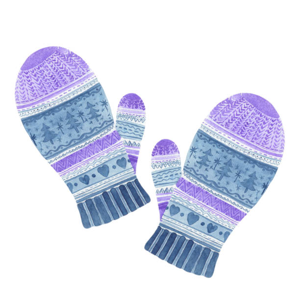 śliczne dzianinowe niebieskie i aksamitne rękawiczki z zimowymi ozdobami - mitynka stock illustrations