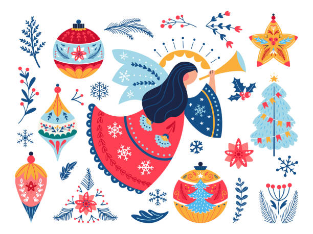 stockillustraties, clipart, cartoons en iconen met christmas angelâ decor balls tree vector set - kerstengel