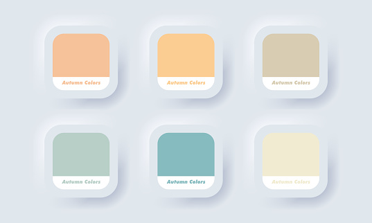 Autumn palette color in RGB HEX. Color Catalog. Neumorphic UI UX white user interface web button. Neumorphism. Vector EPS 10.