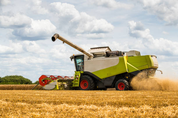 istock Combine harvester in action on wheat field. 1348896663