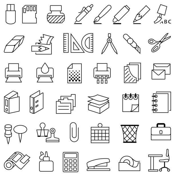 Office and Stationery Supplies Outline Icons Single color isolated outline icons of stationery and office supplies pen fountain pen writing isolated stock illustrations