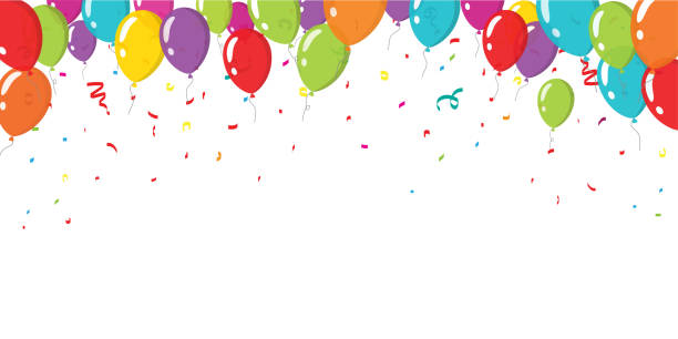 Balloons and confetti celebration of birthday party banner background frame template for copy space text vector or festive colorful fun baloons for anniversary event decoration on white flat cartoon Balloons and confetti celebration of birthday party banner background frame template for copy space text vector or festive colorful fun baloons for anniversary event decoration on white flat image balloons stock illustrations