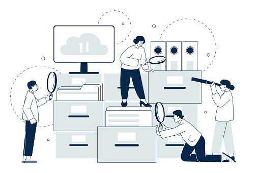 Searching file document. Data files search, people looking documents in computer. Organization and filing concept, office teamwork recent vector scene. Data document information illustration