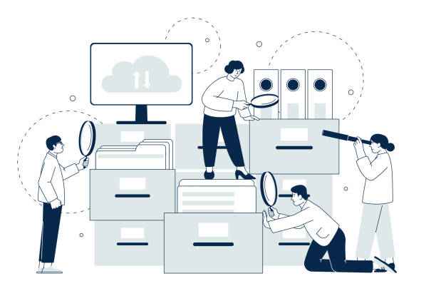 Searching file document. Data files search, people looking documents in computer. Organization and filing concept, office teamwork recent vector scene Searching file document. Data files search, people looking documents in computer. Organization and filing concept, office teamwork recent vector scene. Data document information illustration collection stock illustrations