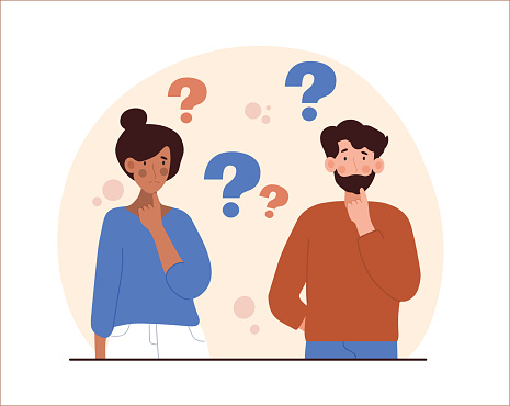 Worried people concept. Confused man and woman ask questions and look for answers. Characters find solutions to problems and overcome obstacles. Dilemma or thinking. Cartoon flat vector illustration