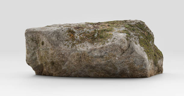 istock Realistic and detailed hi-res rock model with mossy surface on the white background, 3d Rendering 1348906047