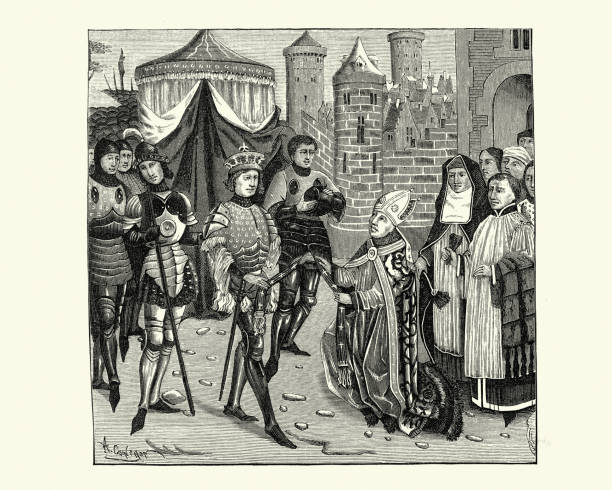 Saint Remigius, Bishop of Reims, comes to ask Clovis for the return of a sacred vase taken by the Franks Vintage illustration of Saint Remigius, Bishop of Reims, comes to ask Clovis for the return of a sacred vase taken by the Franks in the plundering of Soissons. Costumes of the court of Burgundy in the fifteenth century angry nun stock illustrations