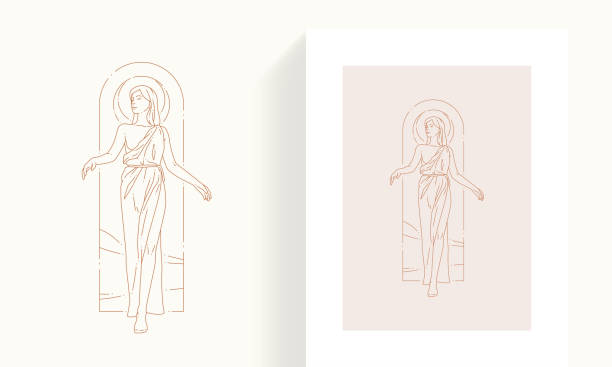illustrations, cliparts, dessins animés et icônes de femme élégante déesse antique grecque en robe avec demi-lune cadre ésotérique décoratif ligne art carte - aphrodite