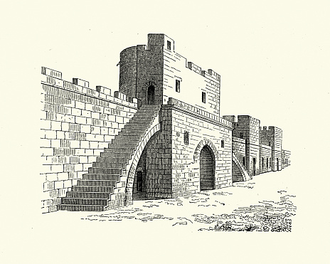 Vintage illustration of Ramparts of the city of Aigues-Mortes, one of the municipalities of Languedoc.