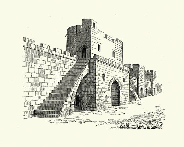 Medieval city walls, ramparts of the city of Aigues-Mortes, one of the municipalities of Languedoc vector art illustration